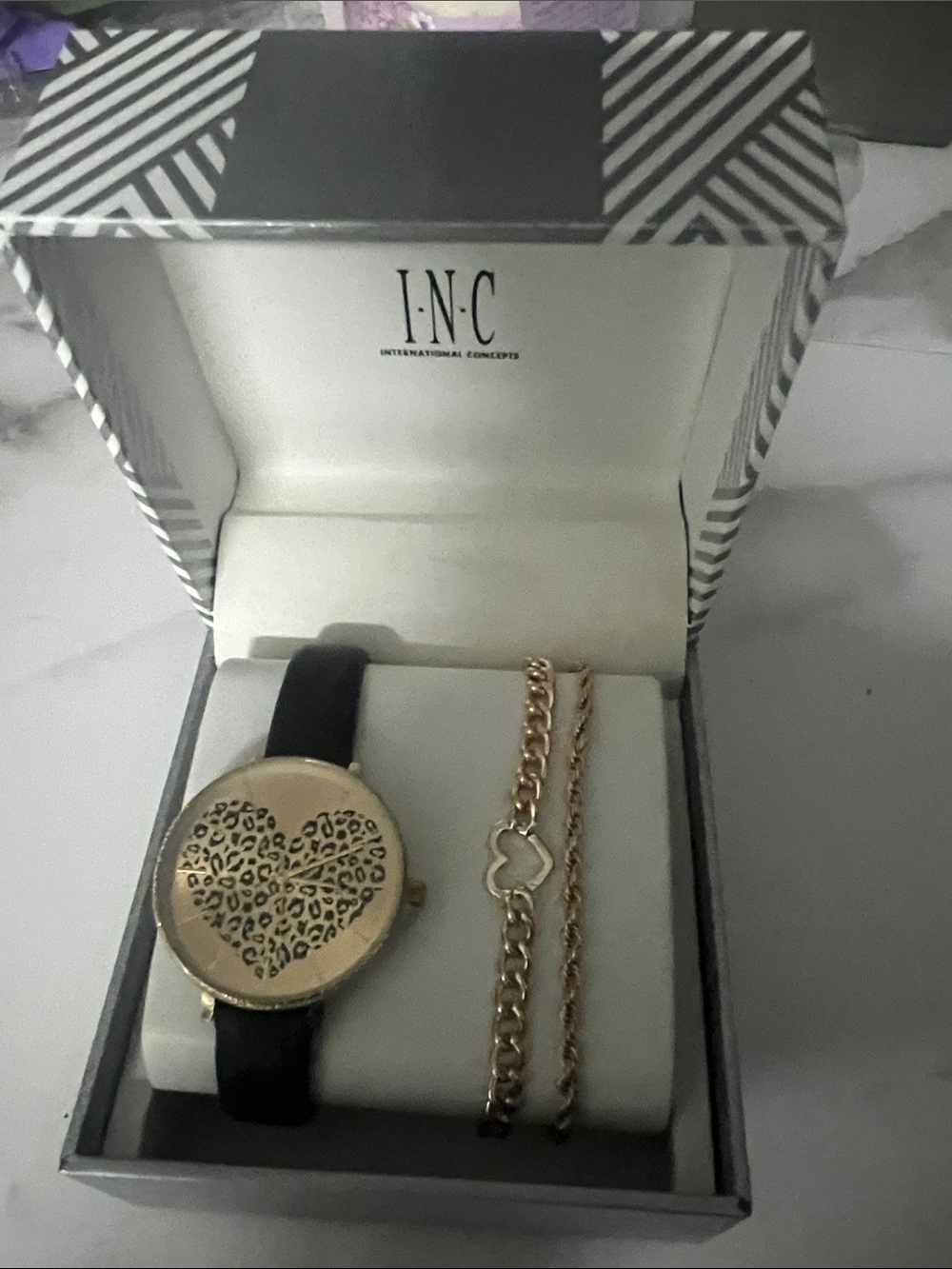 INC International Concepts Gold Heart Accent Black Strap Watch and Bracelet Set
